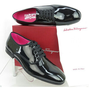 FERRAGAMO MAGIC BLACK PATENT LEATHER FORMAL DRESS DERBY OXFORDS 10 E